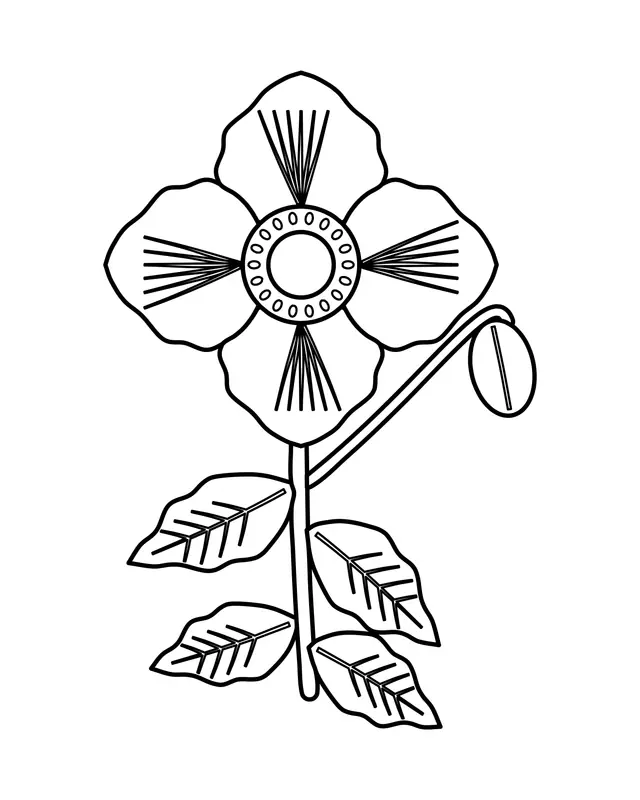 Poppy coloring page with one open poppy flower with a dark patterned center, a drooping bud and leaves on the stem.