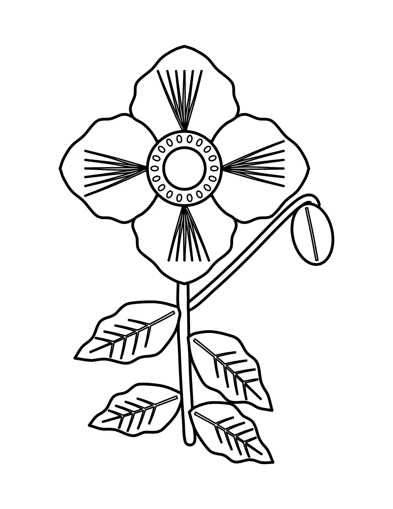 Poppy coloring page with one open poppy flower with a dark patterned center, a drooping bud and leaves on the stem.