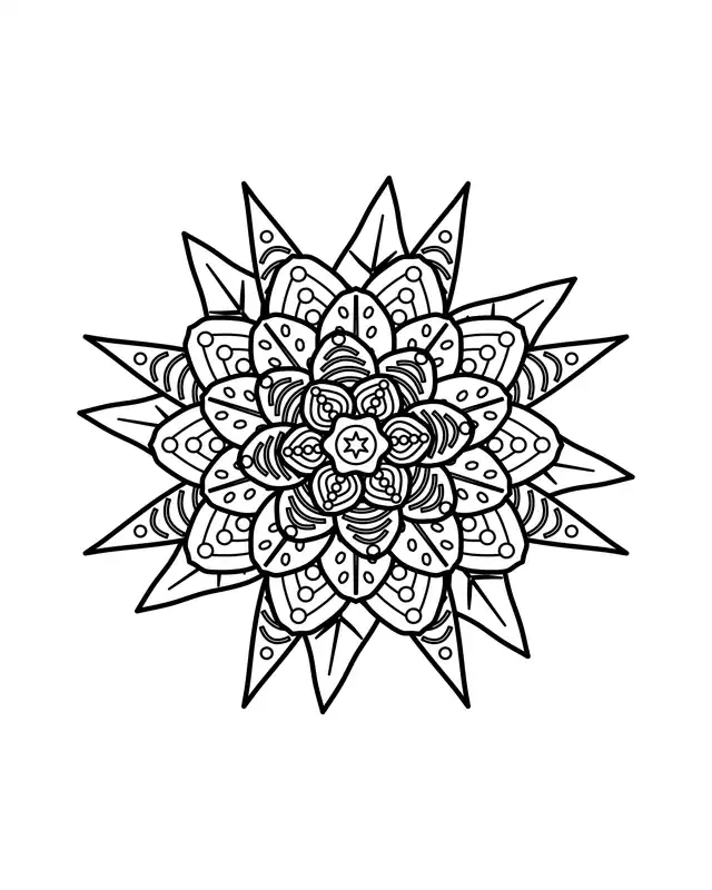 Detailed rose mandala coloring page with a star center, cupped patterned petals and pointed leaves around the edge.