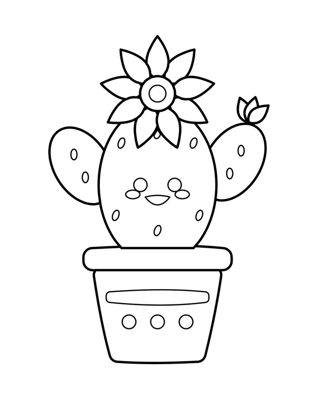 Cute coloring page of a smiling cactus with little side arms and a flower blooming on top, sitting in a dotted flowerpot.