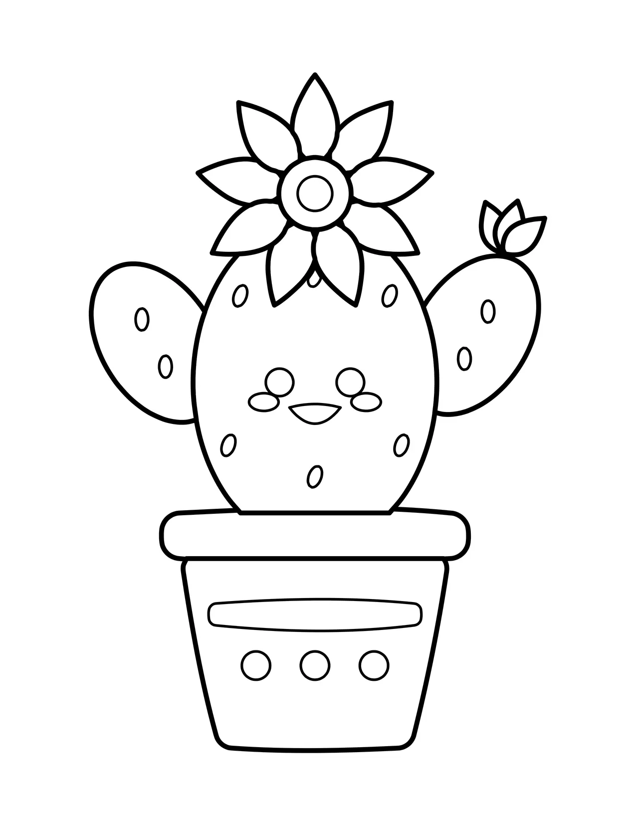 Cute coloring page of a smiling cactus with little side arms and a flower blooming on top, sitting in a dotted flowerpot.