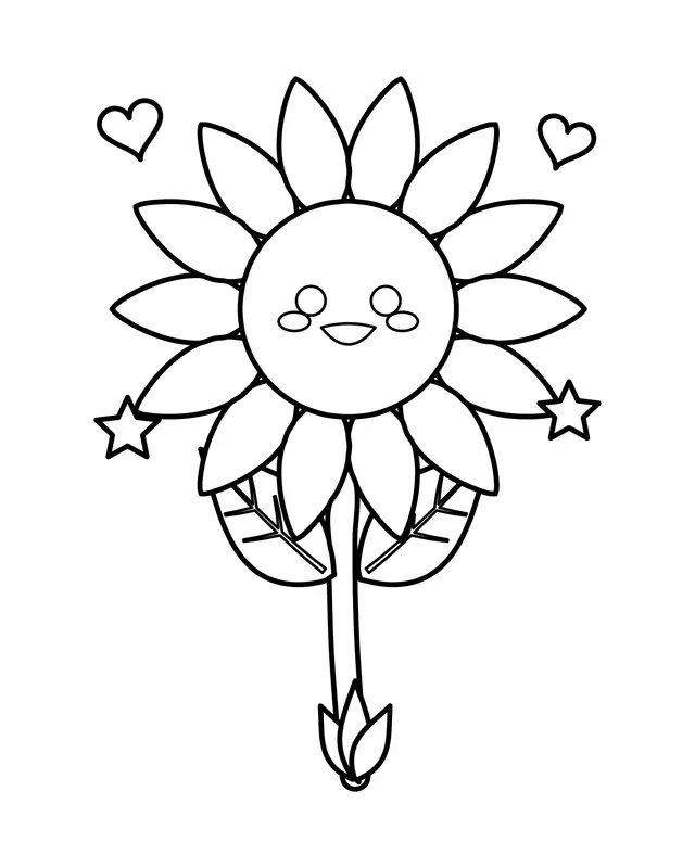 Cute kawaii flower coloring page with a smiling face and rosy cheeks in the center of the petals, surrounded by small hearts and stars.