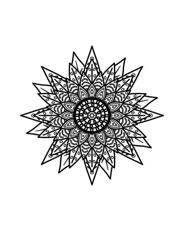 Detailed sunflower mandala coloring page with a seed-pattern center, layered pointed petals and an outer ring of leaves.