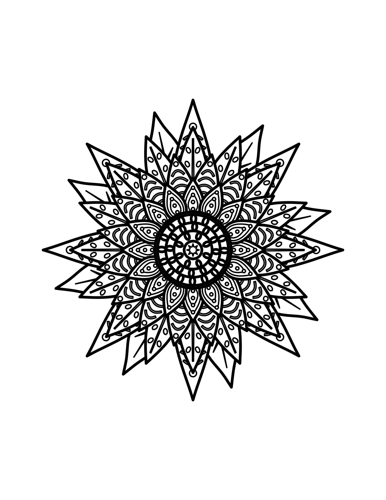 Detailed sunflower mandala coloring page with a seed-pattern center, layered pointed petals and an outer ring of leaves.