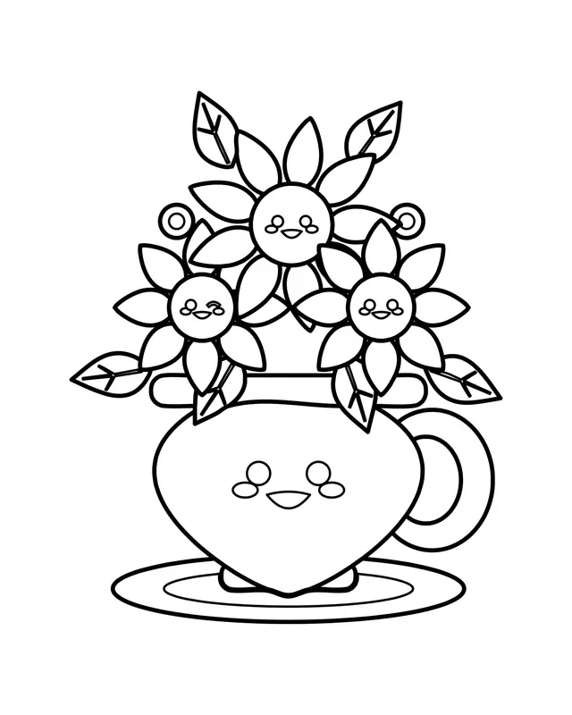 Kawaii coloring page of a smiling heart-shaped teacup on a saucer filled with smiling flowers and leaves.