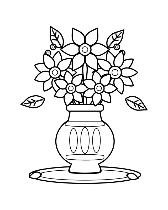 Coloring page of a decorated vase on a tabletop holding a bouquet of mixed flowers and leaves.