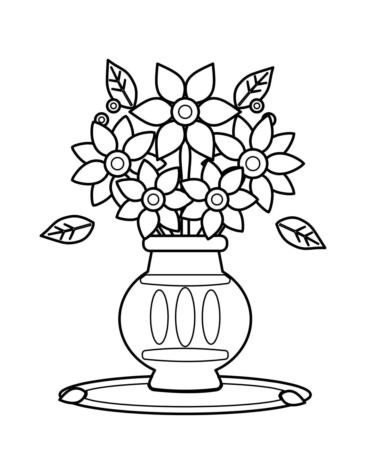 Coloring page of a decorated vase on a tabletop holding a bouquet of mixed flowers and leaves.