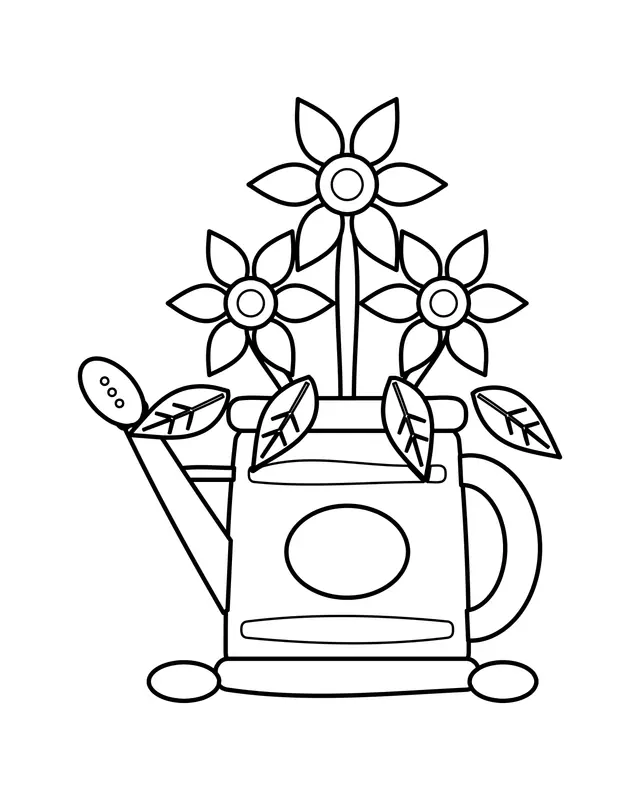 Coloring page of a vintage watering can with a long spout holding a bunch of flowers and leaves.
