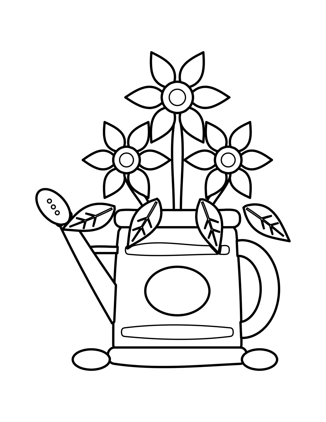 Coloring page of a vintage watering can with a long spout holding a bunch of flowers and leaves.