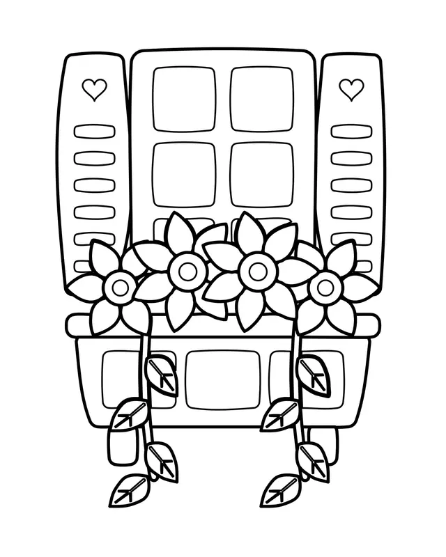 Coloring page of a cottage window with shutters and a wooden window box full of flowers with trailing vines.