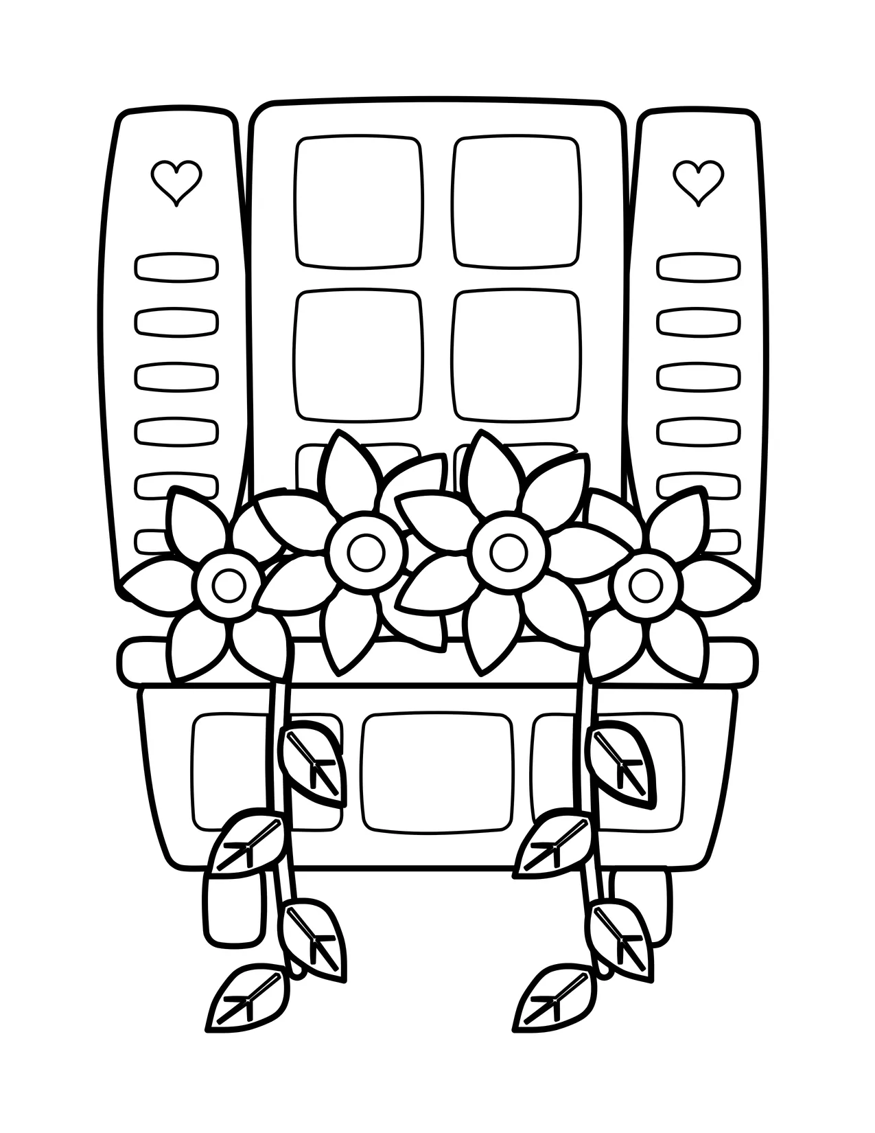 Coloring page of a cottage window with shutters and a wooden window box full of flowers with trailing vines.