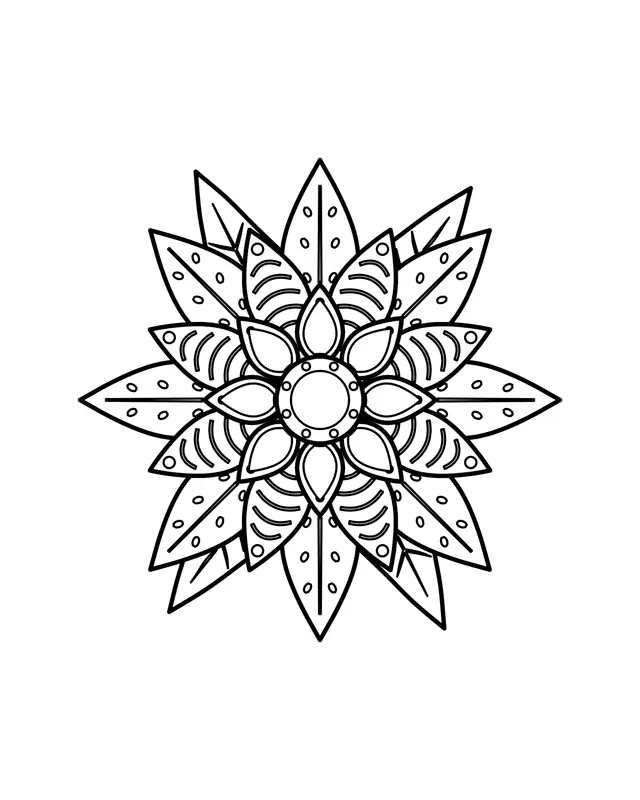 Detailed zentangle flower coloring page for adults: a large layered bloom with pointed petals filled with lines, dots and patterns, plus leaves.