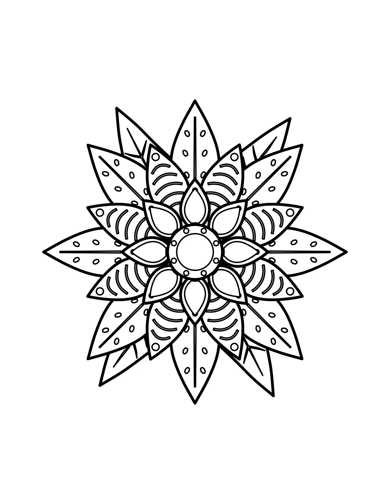 Detailed zentangle flower coloring page for adults: a large layered bloom with pointed petals filled with lines, dots and patterns, plus leaves.